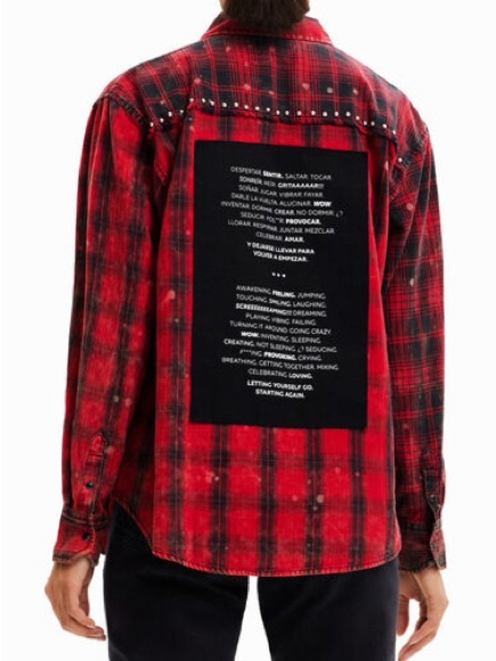Desigual Red and Black Plaid Shirt Jacket with Distressed Detail